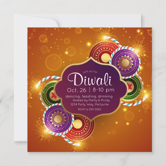 Bright Colourful Diwali Fireworks Invitation (Front)