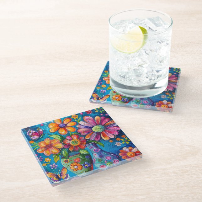 Bright Colourful Floral Glass Coaster (Angled)