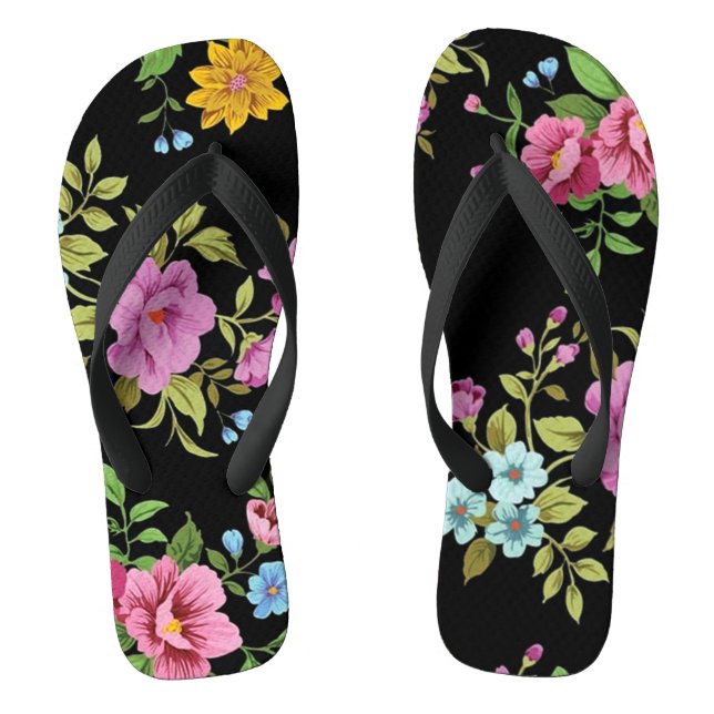 Bright Colourful  Flowers Black Jandals (Footbed)