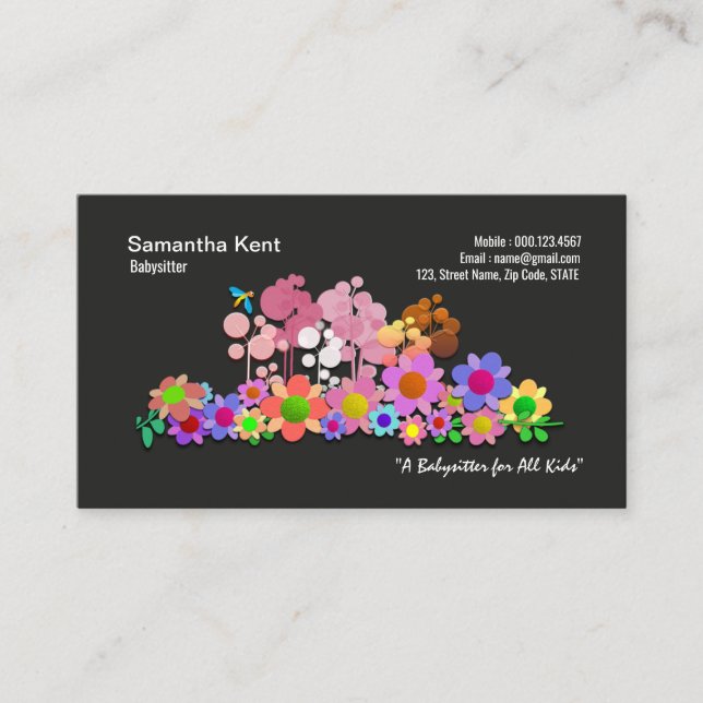 Bright Colourful Flowers Galore Nanny Business Car Card (Front)