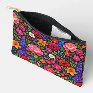 Bright Colourful Flowers on Black Background Accessory Pouch