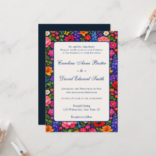 Bright Colourful Flowers on Black Background Invitation