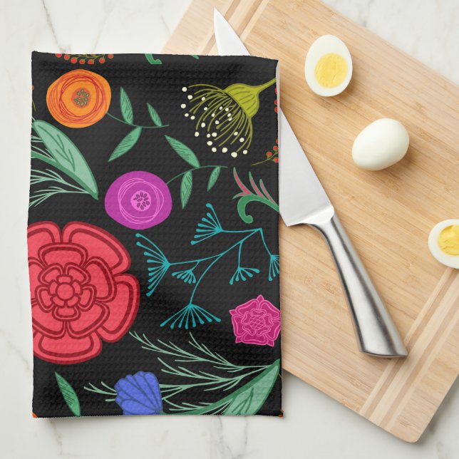 Bright Colourful Flowers on Black Tea Towel (Quarter Fold)