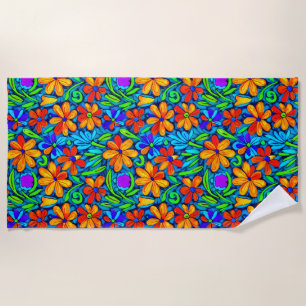 Bright Colourful Folk Art Flowers  Beach Towel