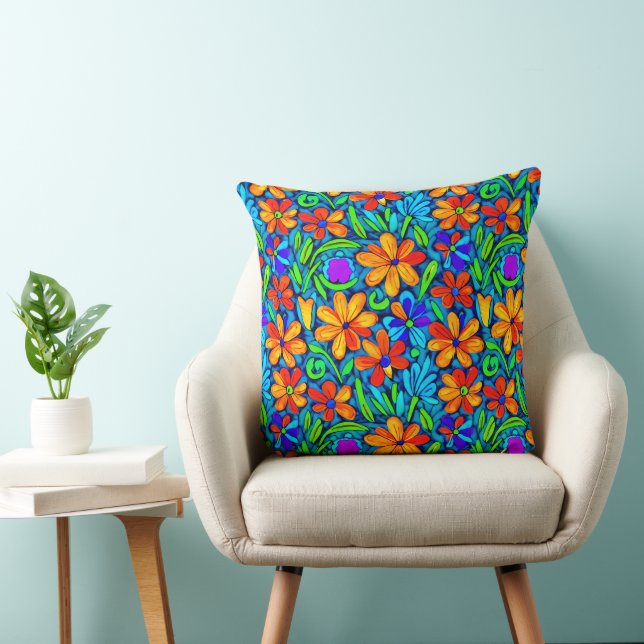 Bright Colourful Folk Art Flowers  Cushion (Chair)