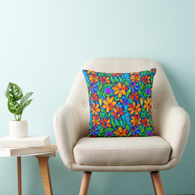Bright Colourful Folk Art Flowers  Cushion (Chair)
