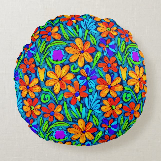 Bright Colourful Folk Art Flowers  Round Cushion (Front)