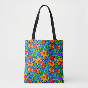 Bright Colourful Folk Art Flowers Tote Bag