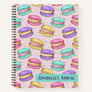 Bright Colourful French Macarons Faux Glitter Name Notebook