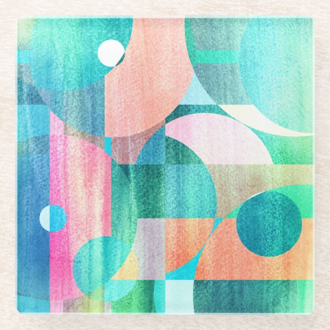 Bright, Colourful Geometric Abstract Glass Coaster (Front)