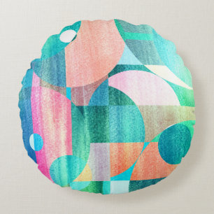 Bright, Colourful Geometric Abstract Round Cushion
