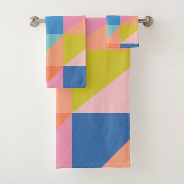 Bright Colourful Geometric Shapes in Pink and Blue Bath Towel Set (Insitu)