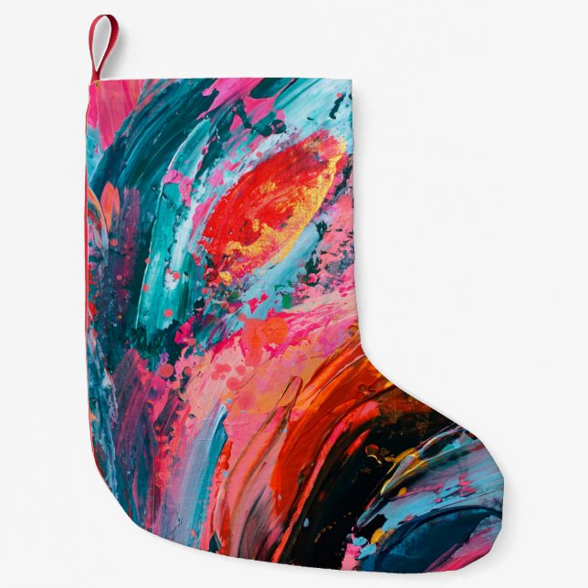 Bright colourful hand painted abstract backgrounda small christmas stocking (Front)