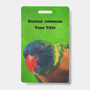 Bright Colourful Head of Macaw Parrot on Green ID Badge