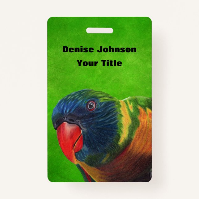 Bright Colourful Head of Macaw Parrot on Green ID Badge (Front)