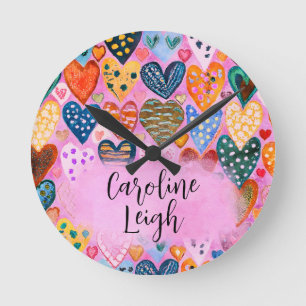 Bright Colourful Hearts Personalised Nursery  Round Clock