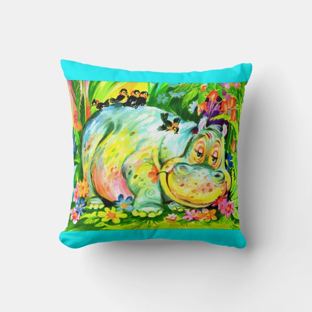 bright colourful hippopotamus and birds cushion (Front)