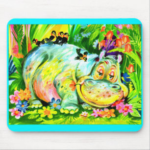 bright colourful hippopotamus and birds mouse pad