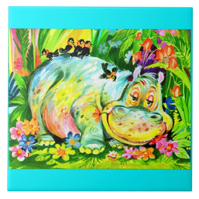 bright colourful hippopotamus and birds tile (Front)