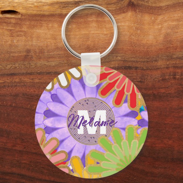 Bright Colourful Hippy Flower Pattern Personalised Key Ring (Front)