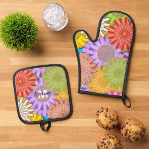 Bright Colourful Hippy Flower Pattern Personalised Oven Mitt & Pot Holder Set