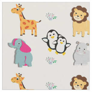 Bright Colourful Kids Cute Whimsy Zoo Animals Prin Fabric