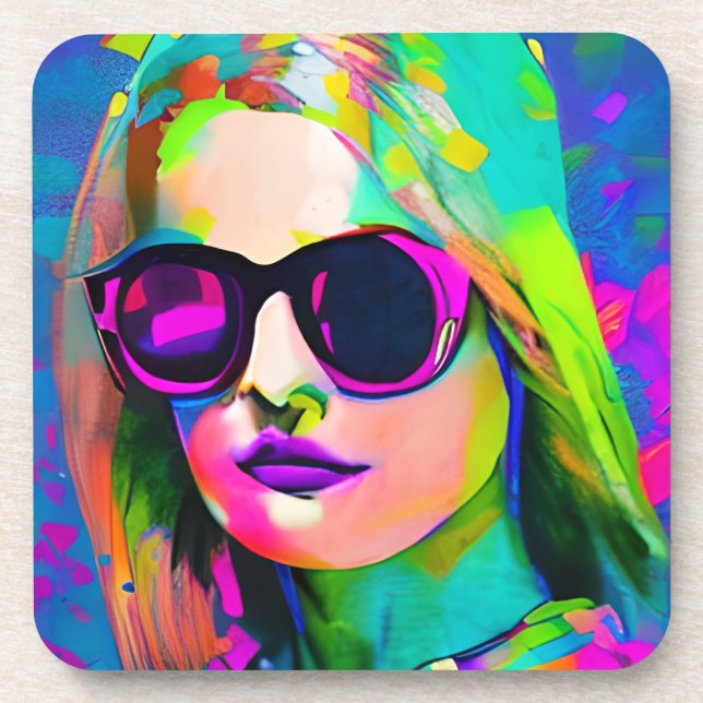 Bright Colourful Lady in Sunglasses Art Coaster (Front)