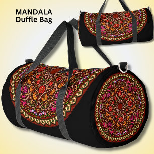 Bright Colourful Mandala Red Gold on Black Duffle Bag