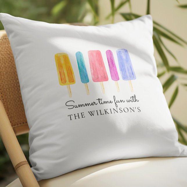 Bright colourful modern summer personalised cushion (personalized summer time fun throw pillow with vibrant watercolor painted ice pops )