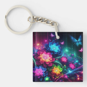 Bright, colourful neon flowers/butterflies key ring