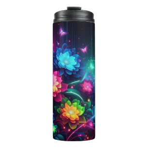 Bright, colourful neon flowers/butterflies thermal tumbler