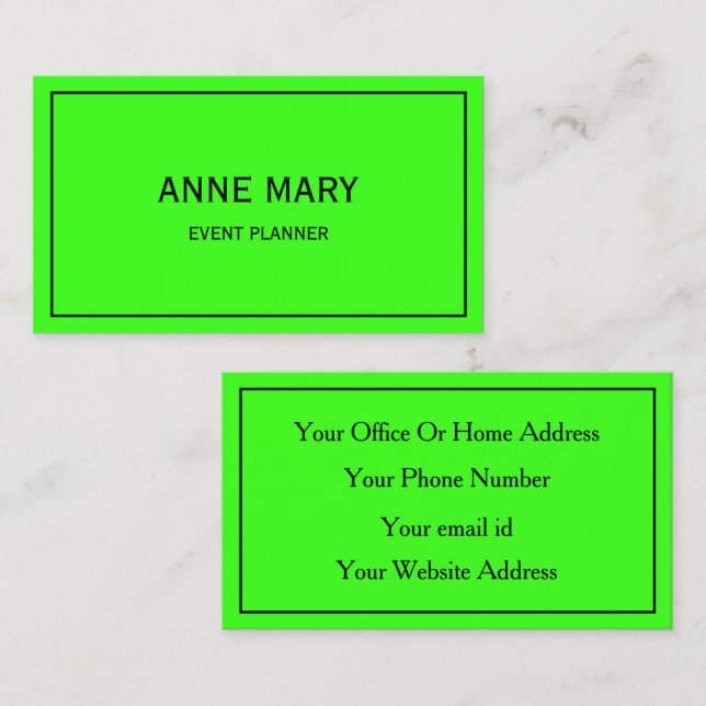 Bright Colourful Neon Green Wedding Event Planner Business Card (Front/Back)