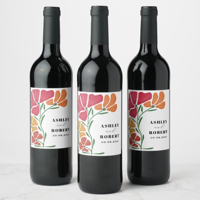 Bright & Colourful Nouveau Floral Wedding Wine Label (Bottles)