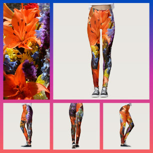 Bright Colourful Orange Lilies Floral Abstract Leggings