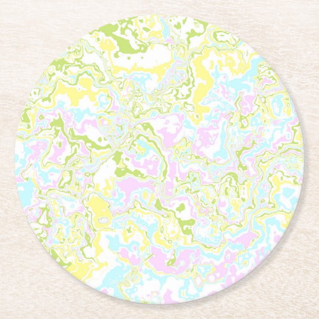 Bright Colourful Pastel Trippy Retro Boho Marble Round Paper Coaster (Front)