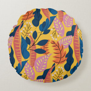Bright colourful pattern with tropical leaves,berr round cushion