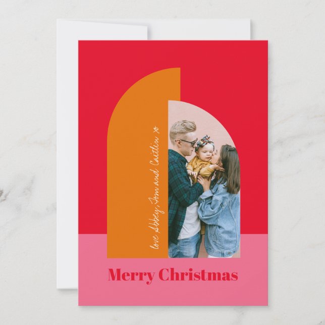 Bright Colourful Pink Merry Christmas Family Photo Holiday Card (Front)