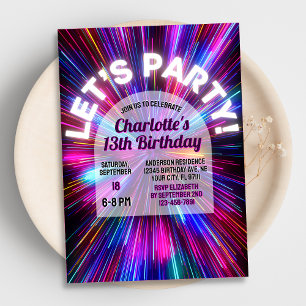 Bright Colourful Pink Neon Glow Teen Girl Birthday Invitation