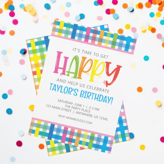 Bright Colourful Plaid Happy Birthday Party Invitation (Creator Uploaded)