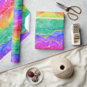 Bright Colourful Rainbow Glitter Gold Agate Wrapping Paper