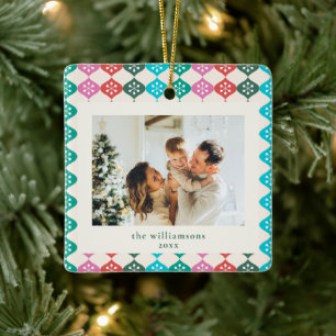 Bright Colourful Retro Snowflake Family Photo Xmas Ceramic Ornament
