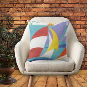 Bright Colourful Sailboats Flags Blue Water Cushion