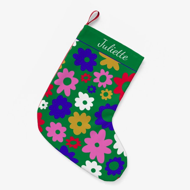 Bright Colourful Scandinavian Flowers Green Custom Small Christmas Stocking (Front (Hanging))