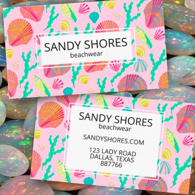 Bright Colourful Seashells and Seaweed Pattern  Business Card (Seashells design custom business cards in colorful pink and green)