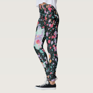 Bright Colourful Splatter Paint Coral on Black Leggings