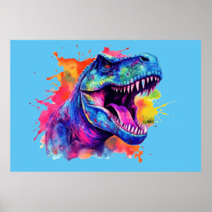 Bright Colourful T-Rex Dinosaur Wall Poster Print
