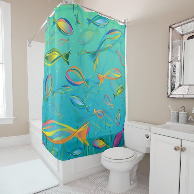 Bright Colourful Tropical Fish Shower Curtain (In Situ)
