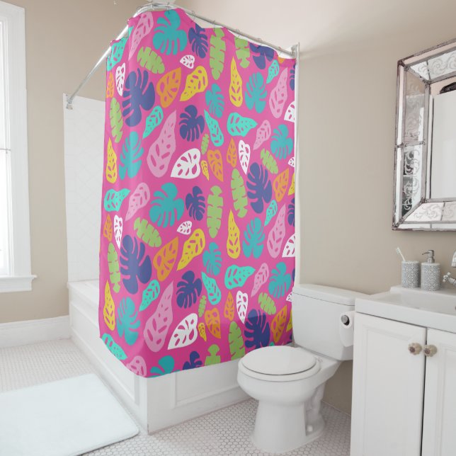 Bright Colourful Tropical Summer Leaf Pattern Shower Curtain (In Situ)