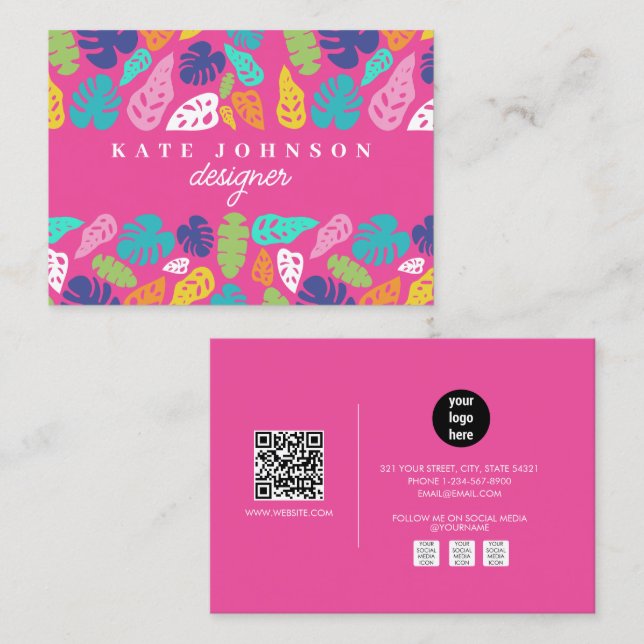 Bright Colourful Tropical Summer Leaves Pattern Business Card (Front/Back)