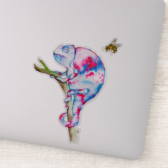 Bright colourful watercolor chameleon and bee (Detail)